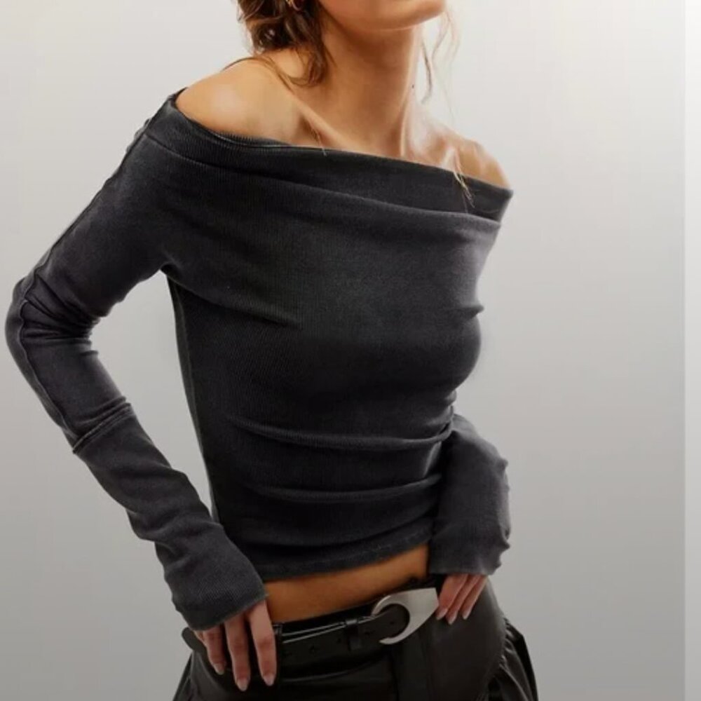 Free People Off-Shoulder Long Sleeve Top - Dark Gray